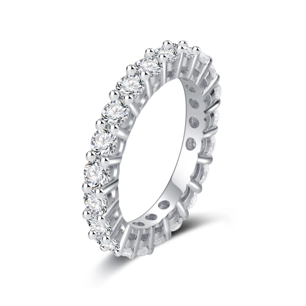 Eternity Moissanite Ring Band Solid Silver w/Platinum Plating